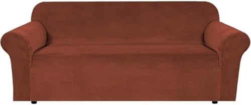 H.VERSAILTEX Stretch Velvet Sofa Covers for 3 Cushion Couch Covers Furniture Protector Soft with Non Slip Elastic Bottom, Crafted from Thick Comfy Rich Velour (Large Sofa 90"-97", Rust) by HVERSAILTEX