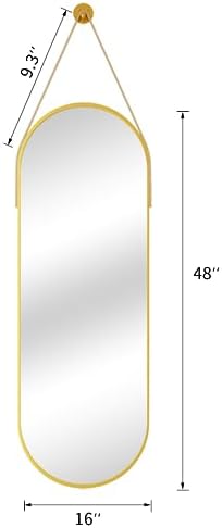 48"x16" Hanging Mirror with Leather Strap,Oval Full Length Mirror with Aluminum Frame Wall-Mounted Hanging Mirrors for Bathroom Vanity Living Room Bedroom Entryway Decor, Gold - Image 5