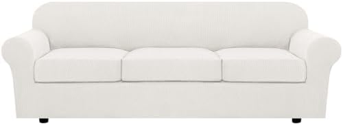 H.VERSAILTEX 4 Piece Stretch Sofa Covers for 3 Cushion Couch Furniture Slipcovers for Living Room (1 Base Cover Plus 3 Seat Cushion Covers) Jacquard Fabric Cover (XL Sofa, Porcelain White) by HVERSAILTEX