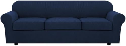 H.VERSAILTEX 4 Piece Stretch Sofa Covers for 3 Cushion Couch Covers for Living Room Furniture Slipcovers (Base Cover Plus 3 Seat Cushion Covers) Thicker Jacquard Fabric (Large Sofa, Navy) by HVERSAILTEX
