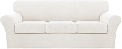 Turquoize 4 Piece Sofa Covers for 3 Cushion Couch Sofa Slipcover Soft Couch Cover for Dogs-Washable Sofa Furniture Cover with 3 Individual Cushion Covers (3 Cushion Sofa, Porcelain White) by Turquoize