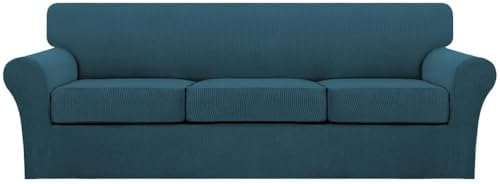 Turquoize 4 Piece Sofa Covers for 3 Cushion Couch Sofa Slipcover Soft Couch Cover for Dogs Washable Furniture Cover with 3 Individual Large Cushion Covers Feature Fabric (Large Sofa, Deep Teal) by Turquoize