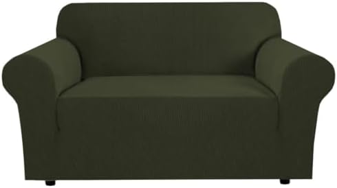 H.VERSAILTEX Stretch Couch Cover Loveseat Covers for 2 Cushion Couch Sofa Slipcover for Love Seat 1 Piece with Elastic Bottom, Checked Jacquard Fabric(Loveseat 58"-70" Wide, Olive) by HVERSAILTEX