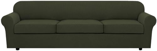 H.VERSAILTEX 4 Piece Stretch Sofa Covers for 3 Cushion Couch Furniture Slipcovers for Living Room (1 Base Cover Plus 3 Seat Cushion Covers) Jacquard Fabric Cover (XL Sofa, Olive) by HVERSAILTEX