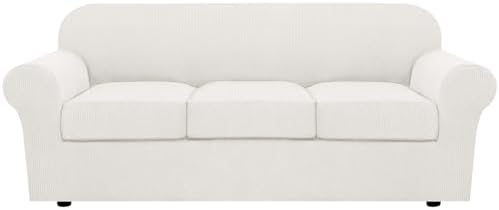 H.VERSAILTEX 4 Piece Stretch Sofa Covers for 3 Cushion Couch Covers for Living Room Furniture Slipcovers (Base Cover Plus 3 Seat Cushion Covers) Thicker Jacquard Fabric (Large Sofa, Porcelain White) by HVERSAILTEX