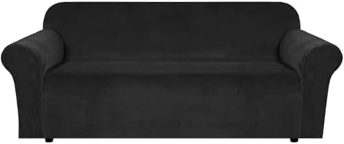 H.VERSAILTEX Stretch Velvet Sofa Covers for 3 Cushion Couch Covers Furniture Protector Soft with Non Slip Elastic Bottom, Crafted from Thick Comfy Rich Velour (Large Sofa 90"-97", Black) by HVERSAILTEX