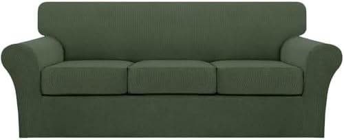 Turquoize 4 Piece Sofa Covers for 3 Cushion Couch Sofa Slipcover Soft Couch Cover for Dogs Washable Furniture Cover with 3 Individual Large Cushion Covers Feature Fabric (Large Sofa, Bronze Green) by Turquoize