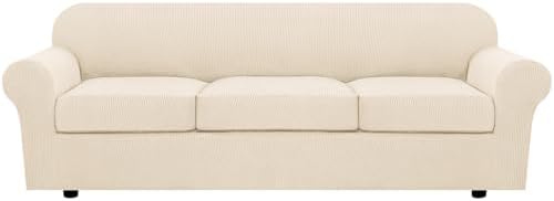 H.VERSAILTEX 4 Piece Stretch Sofa Covers for 3 Cushion Couch Furniture Slipcovers for Living Room (1 Base Cover Plus 3 Seat Cushion Covers) Jacquard Fabric Cover (XL Sofa, Cream) by HVERSAILTEX
