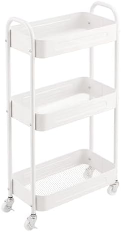 3 Tier Narrow Rolling Storage Cart for Laundry Room Bathroom Kitchen, 7.1'' Slim Utility Cart with Wheels and Lockable Casters Standing Shelf for Small Space & Between Washer and Dryer, White by LIWNYRK