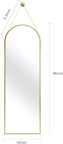 16"x48" Hanging Mirror with Leather Strap,Arched Full Length Mirror with Aluminum Frame Wall-Mounted Hanging Mirrors for Bathroom Vanity Living Room Bedroom Entryway Décor, Gold - Image 5
