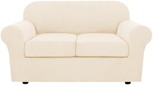 H.VERSAILTEX 3 Piece Stretch Sofa Covers for 2 Cushion Loveseat Couch Covers for Living Room (Base Cover Plus 2 Seat Cushion Covers) Thicker Jacquard Fabric (Medium Sofa, Cream) by HVERSAILTEX
