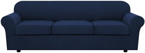 4 Piece Stretch Sofa Covers for 3 Cushion Couch Covers Furniture Slipcovers for Living Room (1 Base Cover Plus 3 Seat Cushion Covers) Thicker Jacquard Fabric Cover (XL Sofa, Navy) by HVERSAILTEX