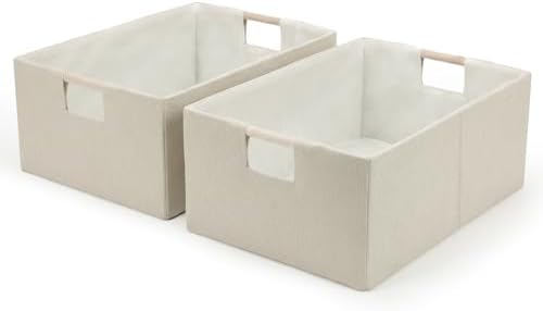 Foldable Fabric Storage Cubes, 2 Packs Cloth Storage Baskets with Wooden Handles, Collapsible Shelf Closet Organizer Bins, Rectangular Storage Boxes for Decor (Beige 2 Pack) by Welcometobuy