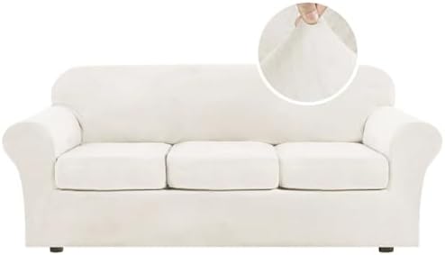 H.VERSAILTEX Modern Velvet Plush 4 Piece High Stretch Sofa Slipcover Sofa Cover Furniture Protector Form Fit Thick Velvet Sofa Cover for 3 Cushion Couch Width Up to 90 Inch (Sofa, Porcelain White) by HVERSAILTEX