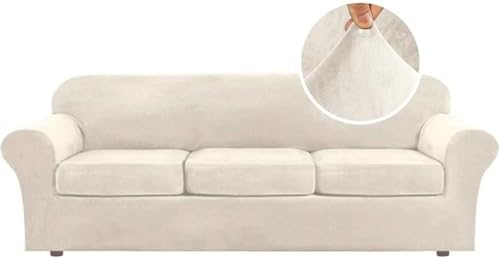 H.VERSAILTEX High Stretch Sofa Slipcover 4 Piece Cover Velvet Furniture Protector Form Fit Thick Velvet Extra Large Sofa Cover for 3 Cushion Couch Width Up to 97 Inch (Large Sofa, Ivory) by HVERSAILTEX