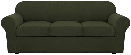 H.VERSAILTEX 4 Piece Stretch Sofa Covers for 3 Cushion Couch Covers for Living Room Furniture (Base Cover Plus 3 Seat Cushion Covers) Upgraded Thicker Jacquard Fabric (Sofa, Olive) by HVERSAILTEX