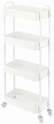 4 Tier Slim Kitchen Storage Cart for Narrow Space, 7.1'' Wide Metal Rolling cart with Wheels and Lockable Casters, Sturdy Mobile Thin Shelf for Laundry Room Between Washer and Dryer, White by LIWNYRK