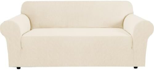 H.VERSAILTEX Stretch Couch Covers for Sofa 1 Piece Slipcovers for Couches and Sofas 3 Seater Couch Cover Feature Thick Checked Jacquard Fabric with Elastic Bottom, 72"-88" Wide, Cream by HVERSAILTEX