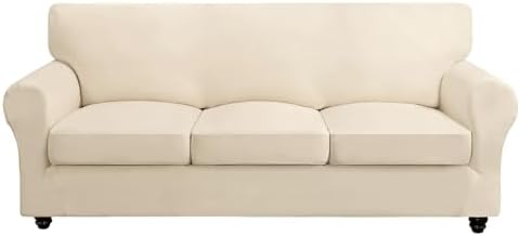 SearchI Stretch Sofa Cover Couch Cover, 4 Pieces Sofa Slipcover with 3 Separate Cushion Cover, Washable Furniture Protector for Living Room(Sofa, Beige) by SearchI