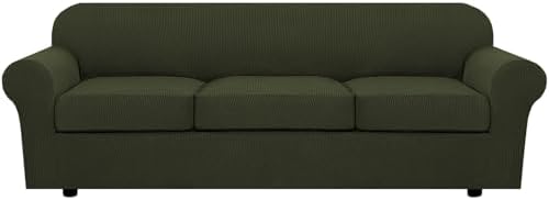 H.VERSAILTEX 4 Piece Stretch Sofa Covers for 3 Cushion Couch Covers for Living Room Furniture Slipcovers (Base Cover Plus 3 Seat Cushion Covers) Thicker Jacquard Fabric (Large Sofa, Olive) by HVERSAILTEX
