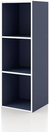 Homes: Inside + Out Apexa 3-Cube Storage Organizer Shelves, Stackable Wood Bookcase Fits Cubby Bins for Organization, Dorm Teen Room Decor & Home Office, Steel Blue by HOMESInsideOut