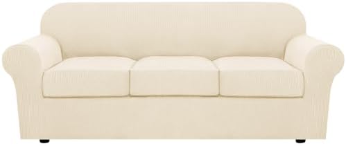 H.VERSAILTEX 4 Piece Stretch Sofa Covers for 3 Cushion Couch for Living Room Furniture Slipcovers (Base Cover Plus 3 Seat Cushion Covers) Thicker Jacquard Fabric (Large Sofa, Cream) by HVERSAILTEX