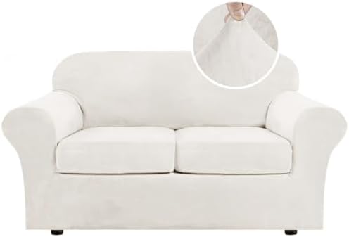 H.VERSAILTEX Real Velvet Plush 3 Piece Stretch Sofa Covers Couch Covers for 2 Cushion Couch Loveseat Covers Width Up to 72 Inch Feature Thick Soft Stay in Place (Medium Sofa, Porcelain White) by HVERSAILTEX
