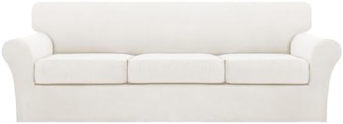 Turquoize 4 Piece Sofa Covers for 3 Cushion Couch Sofa Slipcover Soft Couch Cover for Dogs Washable Furniture Cover with 3 Individual Large Cushion Covers Feature Fabric (Large Sofa, Porcelain White) by Turquoize