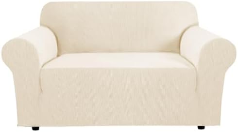 H.VERSAILTEX Stretch Couch Cover Loveseat Covers for 2 Cushion Couch Sofa Slipcover for Love Seat 1 Piece with Elastic Bottom, Checked Jacquard Fabric, Loveseat 58"-70" Wide, Cream by HVERSAILTEX