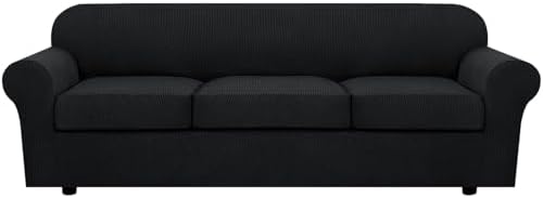 H.VERSAILTEX 4 Piece Stretch Sofa Covers for 3 Cushion Couch Covers for Living Room Furniture Slipcovers (Base Cover Plus 3 Seat Cushion Covers) Thicker Jacquard Fabric (Large Sofa, Black) by HVERSAILTEX