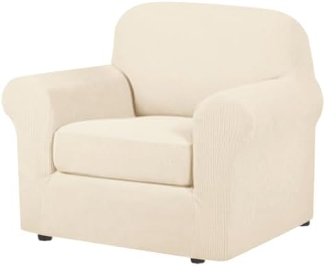 H.VERSAILTEX 2 Piece Couch Cover Stretch Stylish Chair Cover Furniture Protector Featuring Jacquard Textured Twill Fabric High Spandex Slipcover (Chair, Cream) by HVERSAILTEX