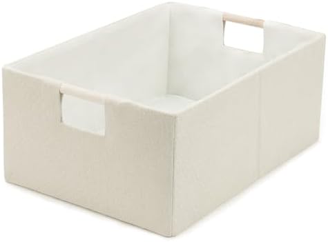 Foldable Fabric Storage Cubes, Cloth Storage Baskets with Wooden Handles, Shelf Closet Organizer Bins, Rectangular Linen Storage Boxes for Decor, 16.5 x 12.2 x 6.7 Inches by Welcometobuy