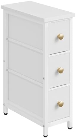 CHOEZON Narrow Side Table with 3 Fabric Drawers, Industrial Slim Bedside Table for Small Spaces, Bedroom, Living Room, Dormitory, White TBZ09WB by Choezon