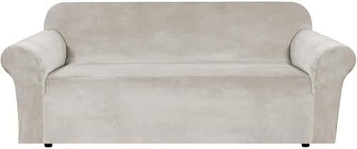 H.VERSAILTEX Stretch Velvet Sofa Covers for 3 Cushion Couch Covers Furniture Protector Soft with Non Slip Elastic Bottom, Crafted from Thick Comfy Rich Velour (Large Sofa 90"-97", Oatmeal) by HVERSAILTEX