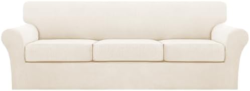 Turquoize 4 Piece Sofa Covers for 3 Cushion Couch Sofa Slipcover Soft Couch Cover for Dogs Washable Furniture Cover with 3 Individual Large Cushion Covers Feature Fabric (Large Sofa, Cream) by Turquoize