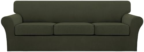 Turquoize 4 Piece Sofa Covers for 3 Cushion Couch Sofa Slipcover Soft Couch Cover for Dogs Washable Furniture Cover with 3 Individual Large Cushion Covers Feature Fabric (Large Sofa, Olive) by Turquoize
