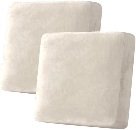 H.VERSAILTEX Velvet Stretch Couch Cushion Cover Plush Cushion Slipcover for Chair Loveseat Sofa Cushion Furniture Protector Seat Cushion Sofa Cover (2 Piece Large Sofa Cushion Covers, Ivory) by HVERSAILTEX