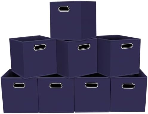 Fabric storage bins Cubes, Fabric Cube Organizer with Handle, Foldable Cube Bins for Cloth or Accessary Storage, 11x11x11, Set of 8, (Navy Blue) by Yunkeeper