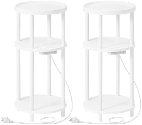 HOOBRO Set of 2 Small Round Side Tables with Charging Station, 3-Tier Round Bamboo End Tables, Easy Assembly, for Living Room, Bedroom, Apartment, White WT152UBZP201 by HOOBRO