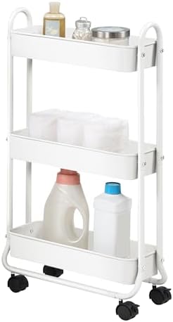 SunnyPoint Slim Rolling Storage Cart, 3 Tier Bathroom Storage Organizer Bathroom, Laundry Utility Cart (White) by SunnyPoint