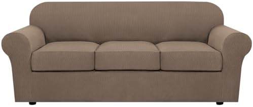 H.VERSAILTEX 4 Piece Stretch Sofa Covers for 3 Cushion Couch Covers for Living Room Furniture Slipcovers (Base Cover Plus 3 Seat Cushion Covers) Upgraded Thicker Jacquard Fabric (Sofa, Macchiato) by HVERSAILTEX