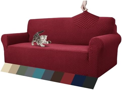 ZNSAYOTX 1 Piece Jacquard Couch Covers for 3 Cushion Couch High Stretch Sofa Cover for Pets Dogs Anti Slip Extra Large Sofa Slipcovers Furniture Protector (XL Sofa, Wine Red) by ZNSAYOTX