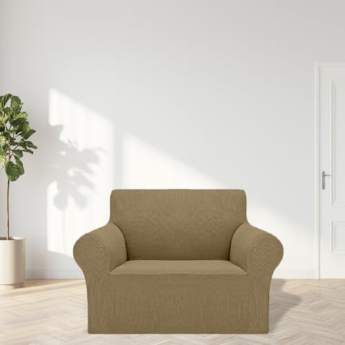 Cupuamon 2026 New Stretch Chair Sofa Slipcovers Couch Cover for 1 Seater Furniture Protector Sofa Covers with Elastic Bottom Jacquard Fabric Small Checks for Pets, Kids - Tan - Image 3