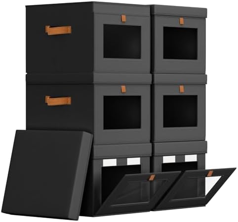 Homsorout Storage Bins with Lid – Closet Organizer with Side Opening and Clear Window, Foldable Stackable Fabric Basket for Clothes, Home, Office - 13.77" x 11.8" x 9.8", 6 Pack, Black by Homsorout