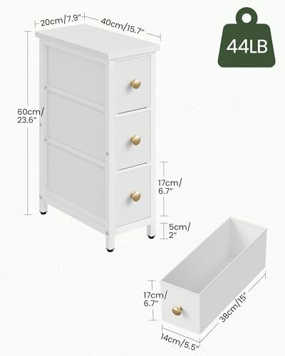 CHOEZON Narrow Side Table with 3 Fabric Drawers, Industrial Slim Bedside Table for Small Spaces, Bedroom, Living Room, Dormitory, White TBZ09WB - Image 3