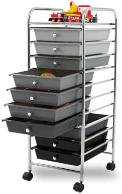 10-Drawer Rolling Storage Cart, Trolley w/Lockable 360° Wheels, 10 Removable PP Drawers, Sturdy Metal Frame, Rolling Utility Cart Perfect for Home, Office, Classroom (Mixed Black) by BUYNOW