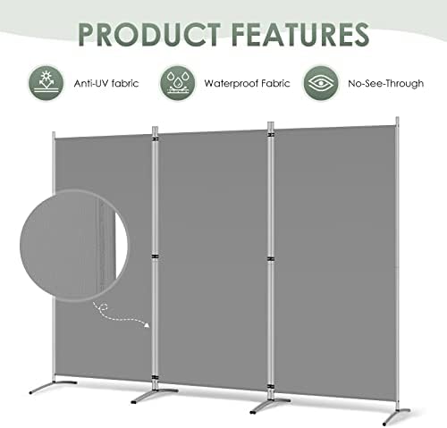 RANTILA 3 Panel Room Divider, 6 Ft Tall Folding Privacy Screen Freestanding Room Partition Wall Dividers, 102''W x 20''D x 71''H, Grey - Image 3