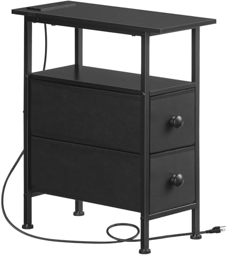 HOOBRO End Table with Charging Station, Narrow Side Table with 2 Fabric Drawers, Skinny Nightstand with Storage, Slim Bedside Table for Bedroom, Living Room, Small Spaces, Black BB487UBZ01 by HOOBRO