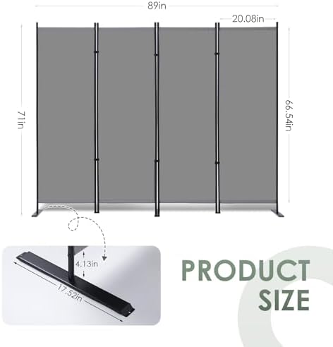 RANTILA 4 Panel Room Divider, 6 FT Folding Privacy Screen with Wide Feet, Freestanding Partition for Room Separation, Portable Room Divider Panel, 89" W x 71" H, Grey - Image 3