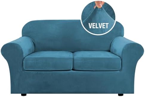 H.VERSAILTEX Real Velvet Plush 3 Piece Stretch Sofa Covers Couch Covers for 2 Cushion Couch Loveseat Covers Width Up to 72 Inch Thick Soft Stay in Place (Medium Sofa, Peacock Blue) by HVERSAILTEX
